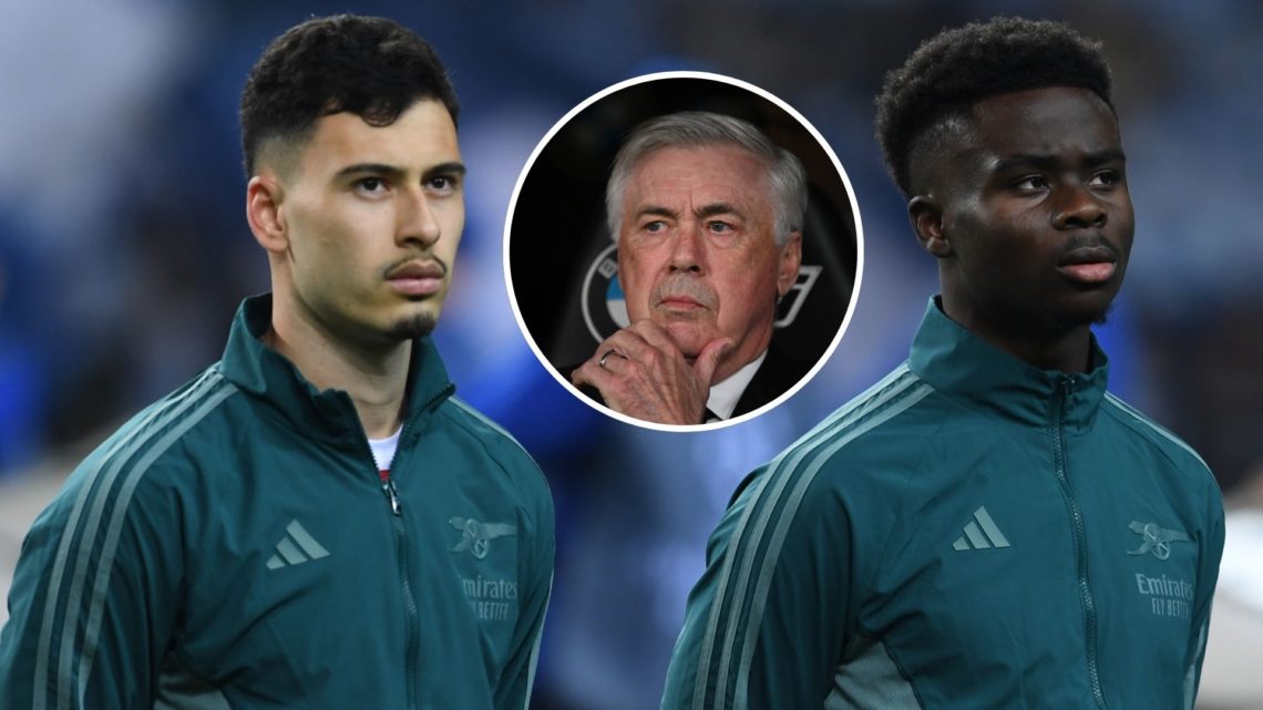Gabriel Martinelli and Bukayo Saka of Arsenal before the UEFA Champions League 2023/24 round and inset of Carlo Ancelotti, Head Coach of Real Madri...