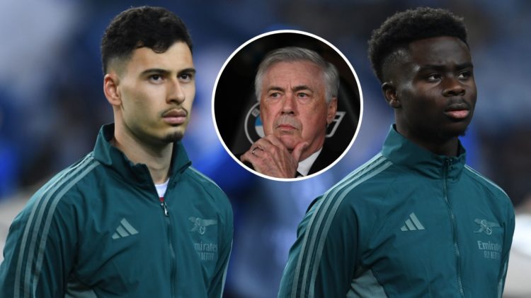 Gabriel Martinelli and Bukayo Saka of Arsenal before the UEFA Champions League 2023/24 round and inset of Carlo Ancelotti, Head Coach of Real Madri...