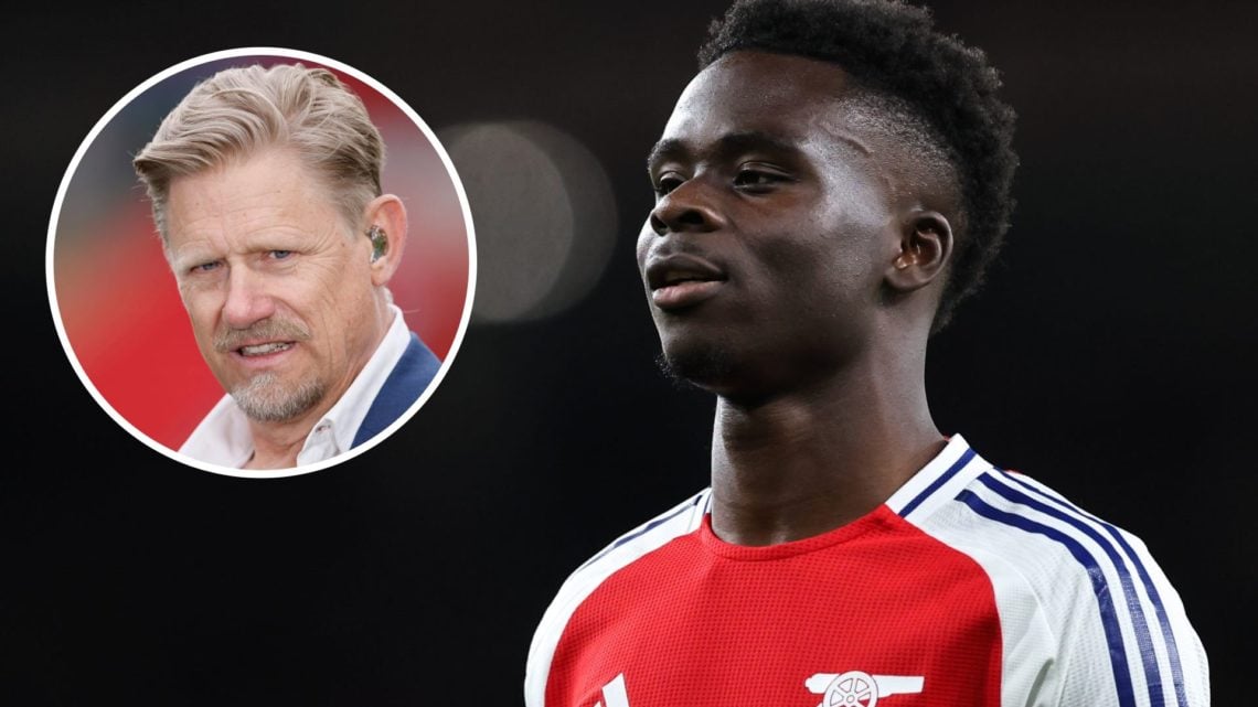 Bukayo Saka of Arsenal and inset of Peter Schmeichel former football and TV pundit