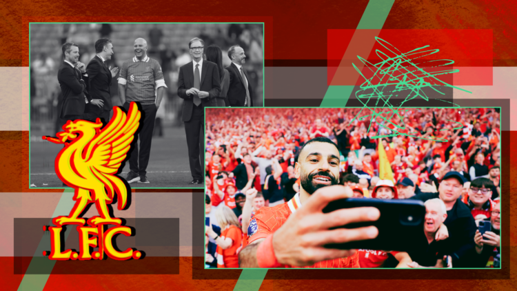 Composite illustration image of John Henry, Arne Slot, Mohamed Salah taking a selfie and the Liverpool badge
