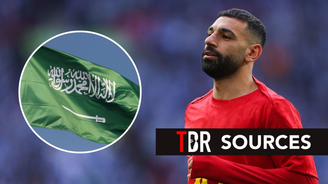 Mohamed Salah of Liverpool during the Carabao Cup Final between Liverpool and Newcastle United. Inset, the Saudi Arabia flag.