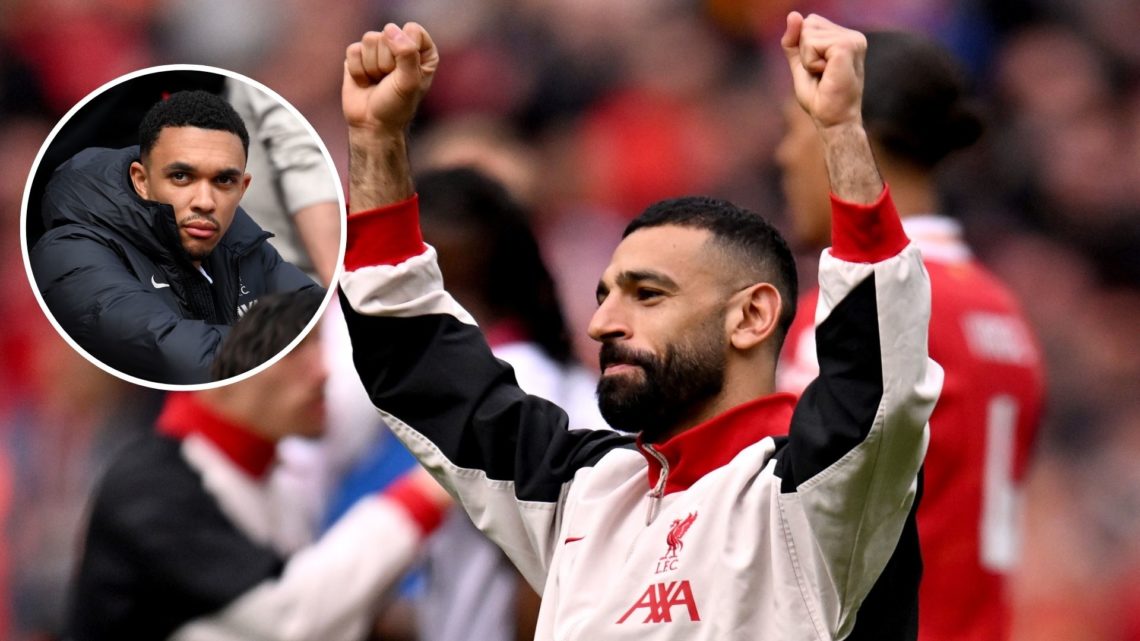 Mohamed Salah of Liverpool celebrates victory and inset of Trent Alexander-Arnold of Liverpool looks on, from the substitutes