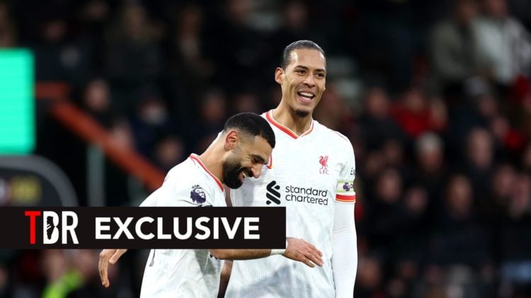 Mohamed Salah of Liverpool celebrates scoring his team's second goal with teammate Virgil van Dijk during the Premier League match between AFC Bour...