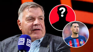 Former football manager Sam Allardyce is interviewed by event host Spencer Owen (not pictured) on Day Four of the FIFAe World Cup™ featuring Football Manager at the Exhibition Centre Liverpool on September 01, 2024 in Liverpool, England with two insets of a mystery player and Sergio Busquets of FC Barcelona looks on during the LaLiga Santander match between FC Barcelona and RCD Mallorca at Spotify Camp Nou on May 28, 2023 in Barcelona, Spain.