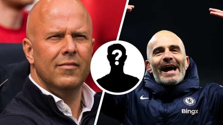 Split Image of Liverpool manager Arne Slot and Chelsea Manager Enzo Maresca with inset of mystery player