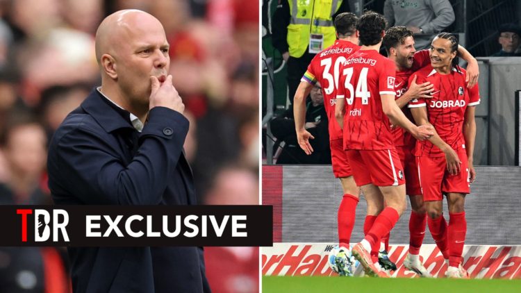 Split image of Arne Slot, head coach of Liverpool, and Kiliann Sildillia of Sport-Club Freiburg celebrates scoring his team's first goal with teamm...