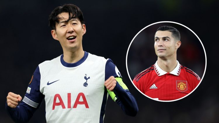 Image of Tottenham Hotspur forward Son Heung-min with an inset of Cristiano Ronaldo playing for Manchester United
