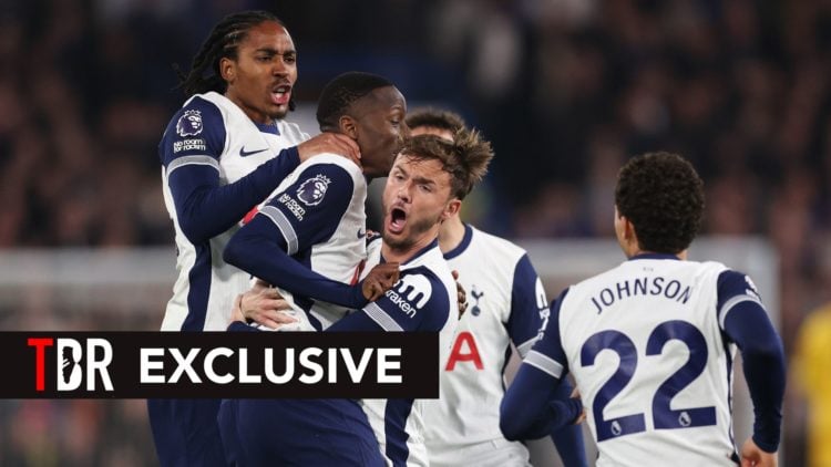 Image of Tottenham Hotspur players celebrating with a TBR Exclusive Banner