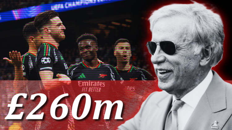 Arsenal players celebrate at the Bernabeu after beating Real Madrid, with black and white image of Stan Kroenke and '£260m' wordage inset