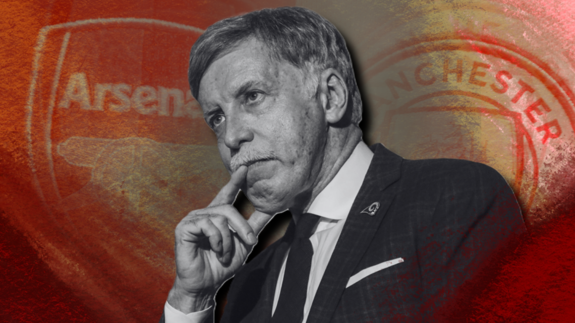 Black-and-white image of Stan Kroenke in front of Arsenal and Manchester City badges