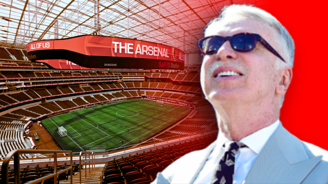 A general view of the SoFi Stadium in Los Angelese, with Arsenal owner Stan Kroenke wearing sunglasses superimposed