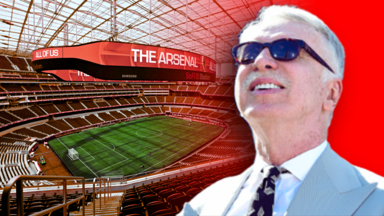 A general view of the SoFi Stadium in Los Angelese, with Arsenal owner Stan Kroenke wearing sunglasses superimposed
