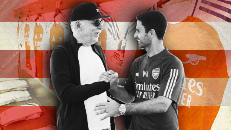 Black-and-white image of Stan Kroenke and Mikel Arteta shaking hand, superimposed over the Arsenal dressing room
