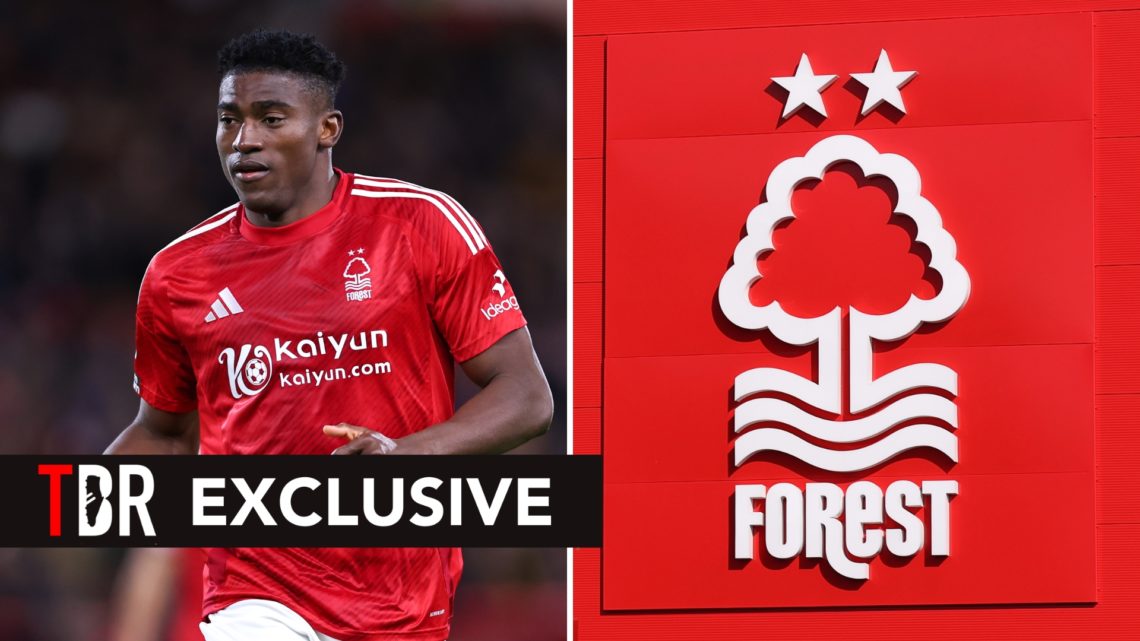Split image of Taiwo Awoniyi of Nottingham Forest during the Premier League match between Nottingham Forest FC and Manchester United FC at City Gro...