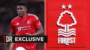 Split image of Taiwo Awoniyi of Nottingham Forest during the Premier League match between Nottingham Forest FC and Manchester United FC at City Ground on April 1, 2025 in Nottingham, England and Detailed view of the Nottingham Forest club badge outside the stadium.