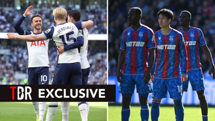 Split image as James Maddison of Tottenham Hotspur celebrates a goal scored by Lucas Bergvall, and Crystal Palace defenders line up for a Brighton ...
