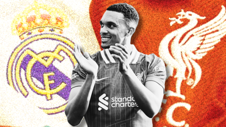 A black-and-white image of Trent Alexander-Arnold superimposed on the Liverpool and Real Madrid badges