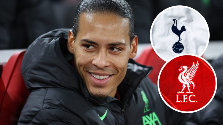 Virgil van Dijk with insets of Tottenham Hotspur and Liverpool badges