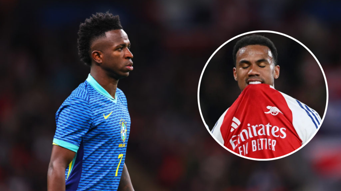 Image of Vinicius Jr playing for Brazil with an inset of Gabriel Magalhaes looking dejected