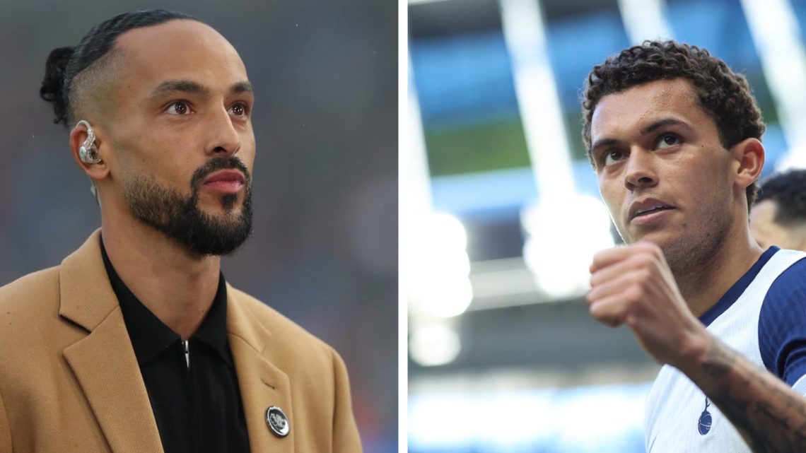 Split Image of Theo Walcott looks on during the Premier League match and Brennan Johnson of Tottenham Hotspur celebrates