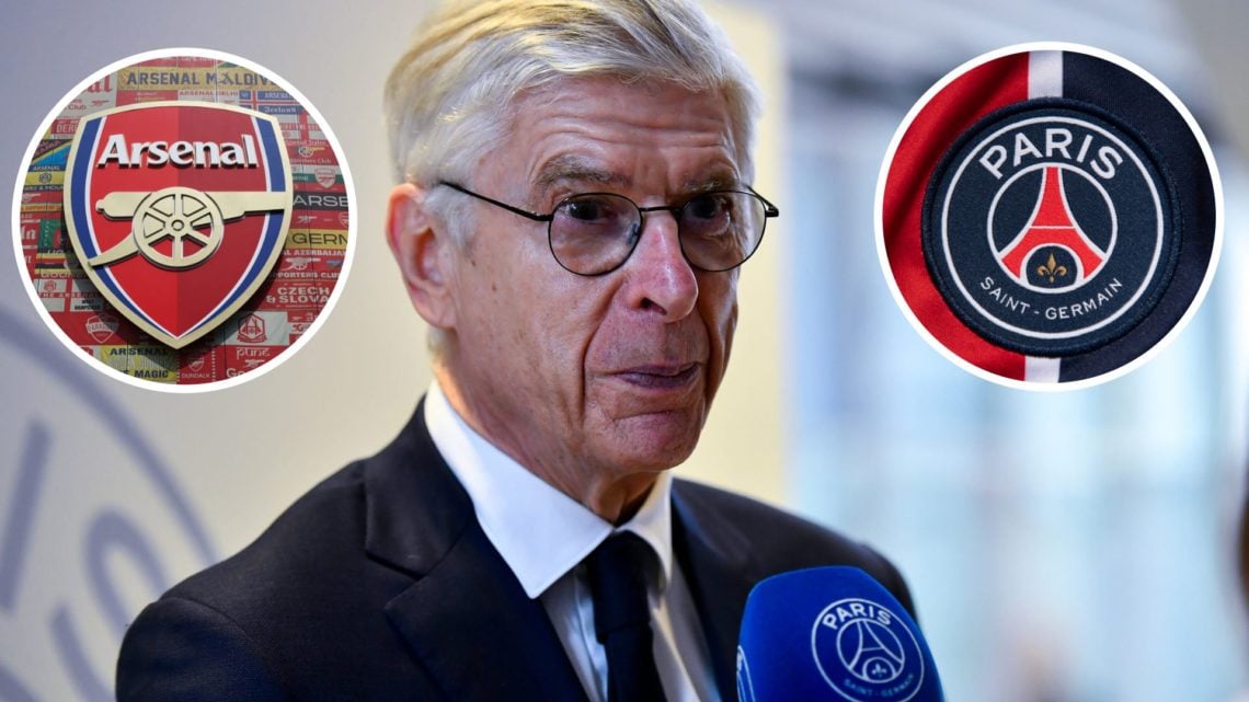 Arsene Wenger with insets of a Detailed view of the Arsenal badge and The Paris Saint-Germain club crest