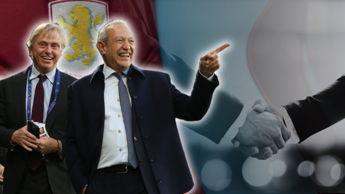 Wes Edens and Nassef Sawiris superimposed over an image of the Aston Villa badge