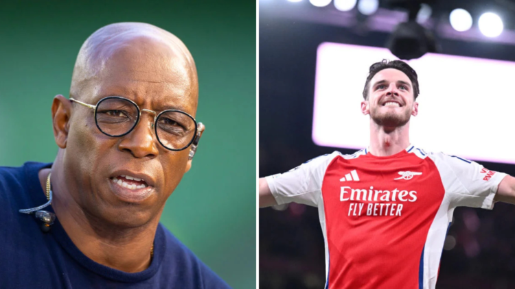 Split image of (L) Ian Wright working as a pundit and (R) Declan Rice celebrating his goal for Arsenal