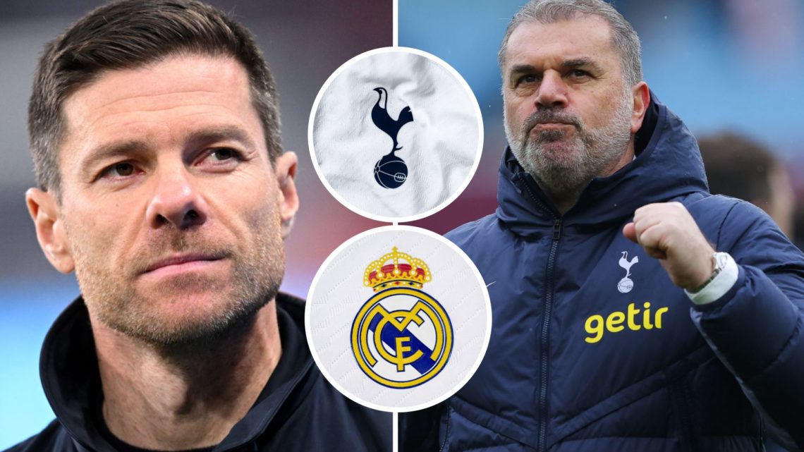 Split Image of Xabi Alons and Head Coach of Bayer 04 Leverkusen and Ange Postecoglou, manager of Tottenham Hotspur with insets of Real Madrid and T...