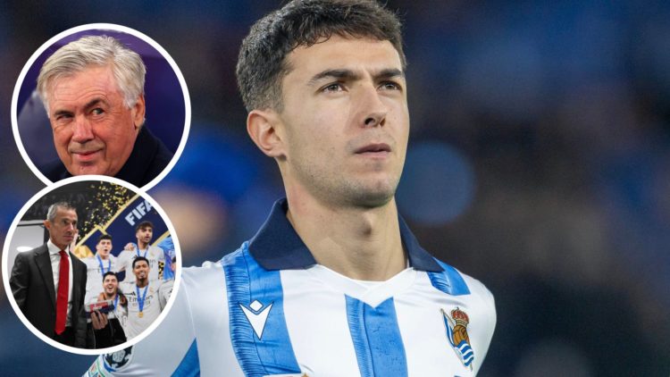 Split Image of Martin Zubimendi #4 of Real Sociedad during team presentations and Real Madrid coach Carlo Ancelotti looks on with inset of Arsenal ...