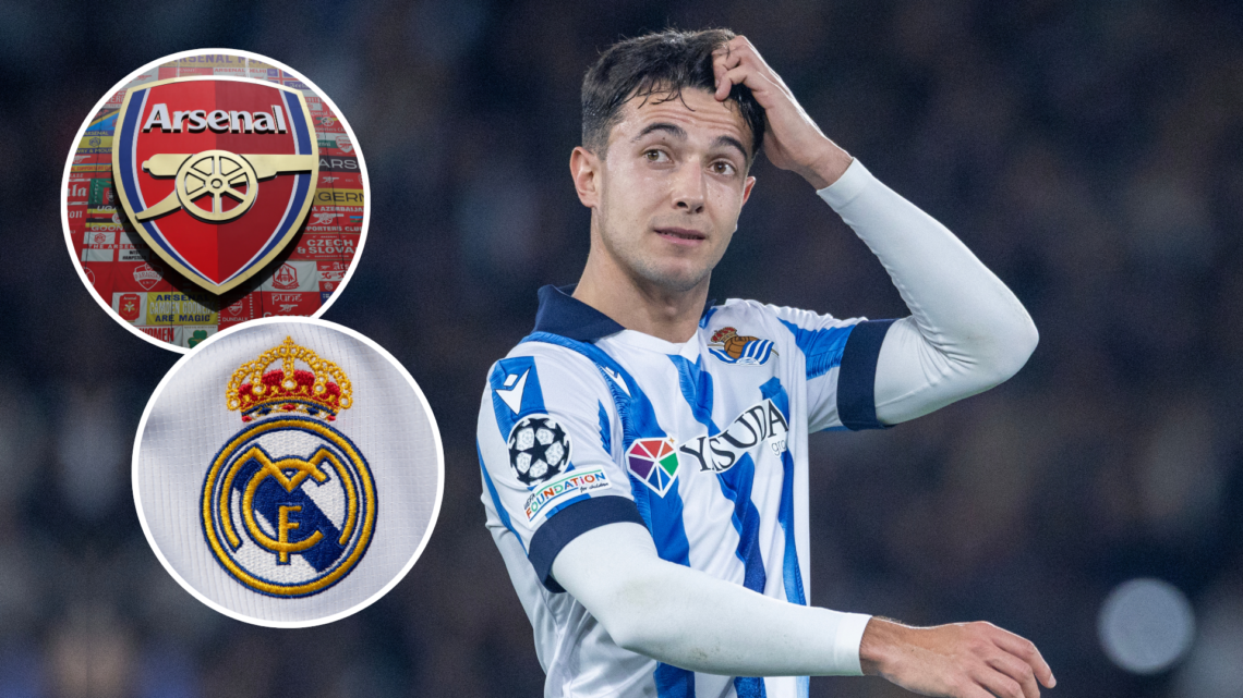 Real Sociedad midfielder Martin Zubimendi. Inset of Arsenal badge and Real Madrid badge.