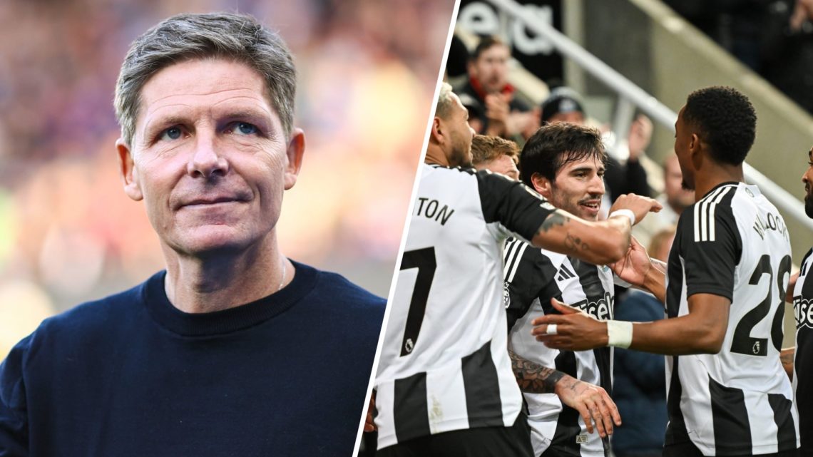 Split image of Crystal Palace boss Oliver Glasner next to Sandro Tonali celebrating goal with Newcastle teammates