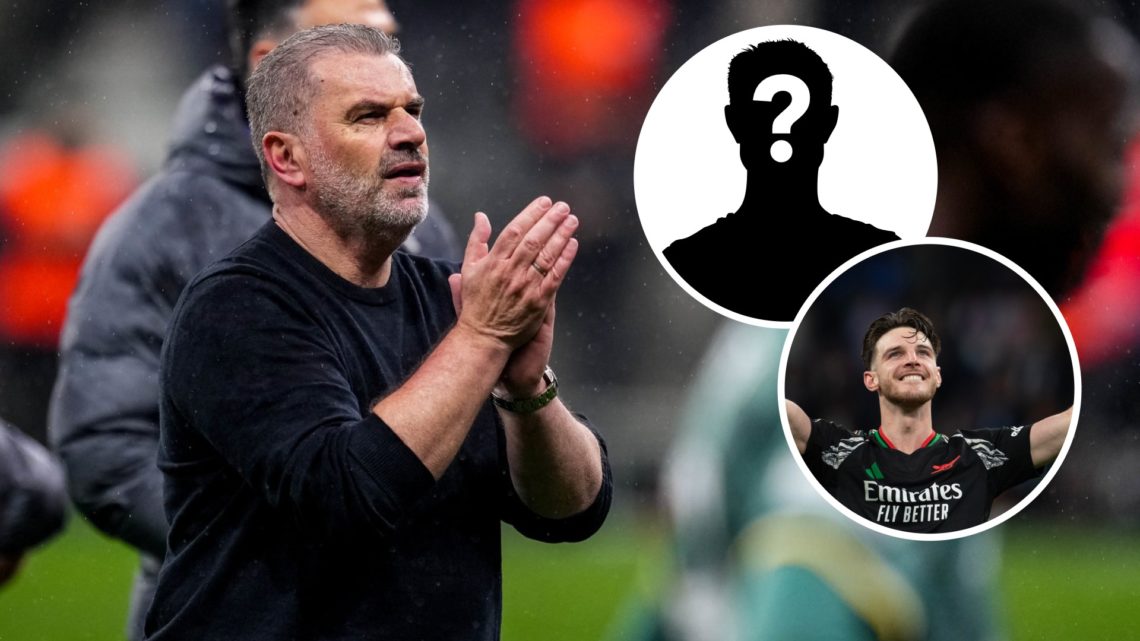 Image of Tottenham manager Ange Postecoglou applauding with insets of Arsenal star Declan Rice celebrating and a mystery player