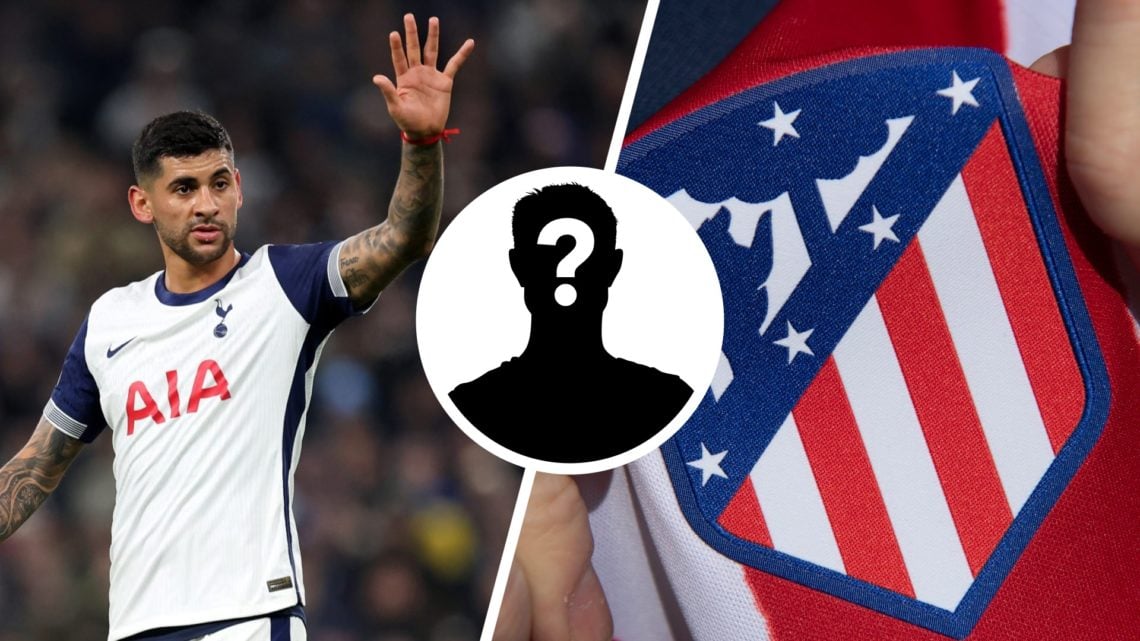 Split image of Tottenham Hotspur defender Cristian Romero (L) and Atletico Madrid badge (R)