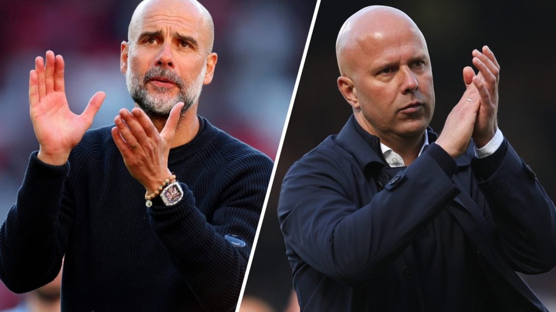 Pep Guardiola at Man City split with Liverpool manager Arne Slot.