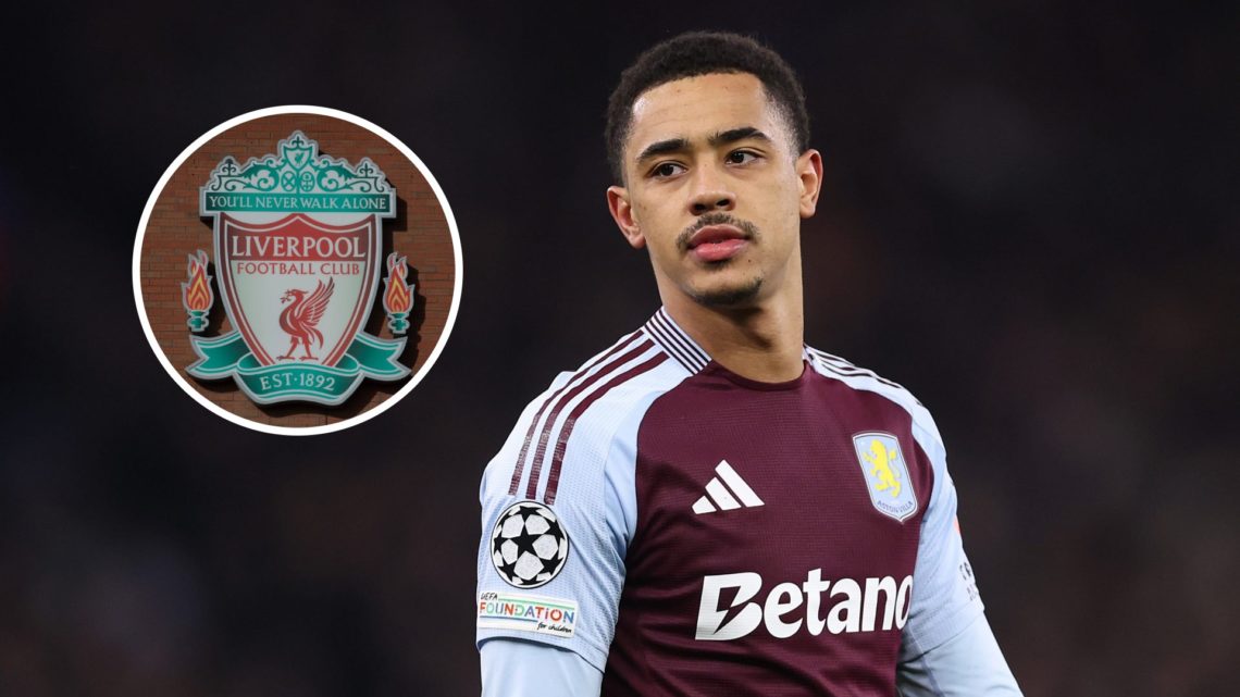 Aston Villa's Jacob Ramsey with inset of Liverpool badge