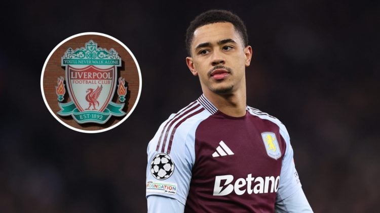 Aston Villa's Jacob Ramsey with inset of Liverpool badge