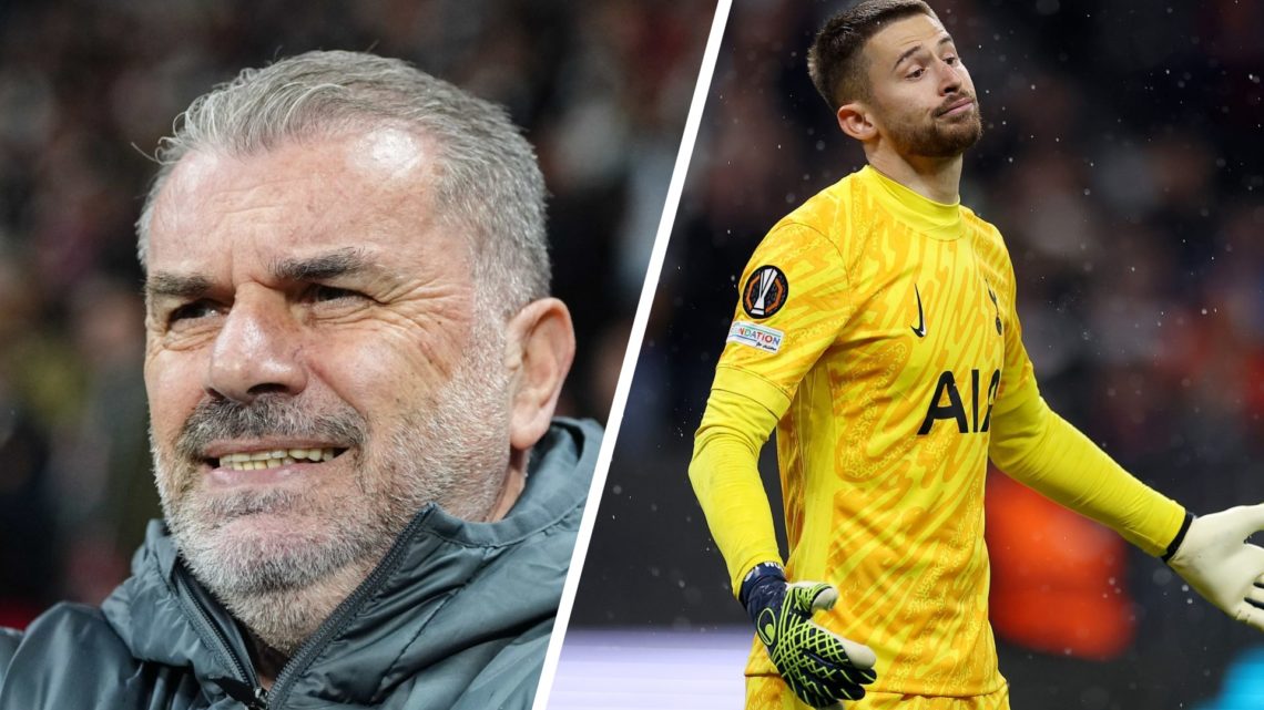 Split image of Tottenham Hotspur manager Ange Postecoglou (L) and Tottenham Hotspur goalkeeper Guglielmo Vicario (R)
