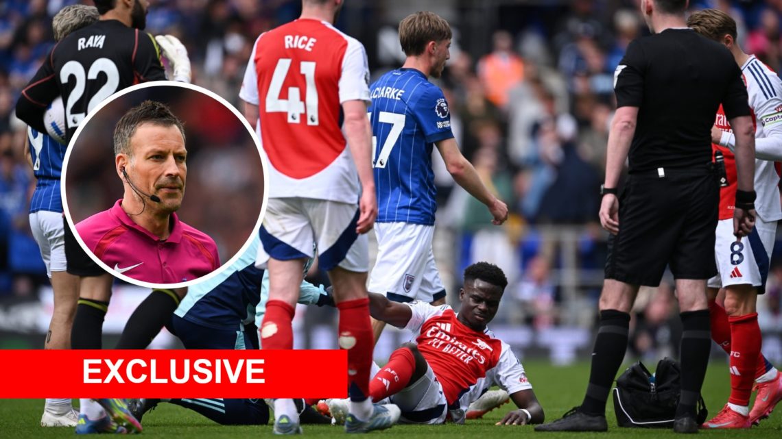Bukayo Saka receives treatment for Arsenal. Inset, Mark Clattenburg.