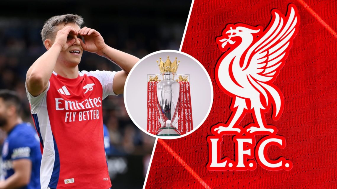 Split image of Arsenal's Leandro Trossard next to Liverpool badge, Premier League trophy inset