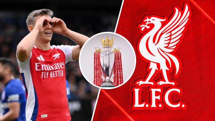 Split image of Arsenal's Leandro Trossard next to Liverpool badge, Premier League trophy inset