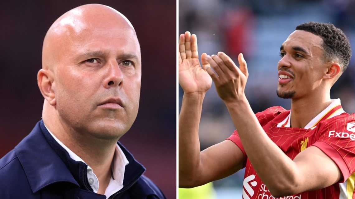 Split image of (L) Liverpool manager Arne Slot looking on and (R) Trent Alexander-Arnold applauding