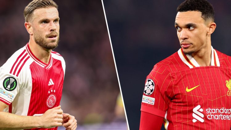 Split image of (L) Jordan Henderson playing for Ajax and (R) Trent Alexander-Arnold during a Liverpool game