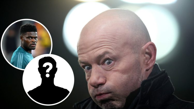 An image of Alan Shearer looking surprised with insets of Arsenal midfielder Thomas Partey during warm-up and a mystery player