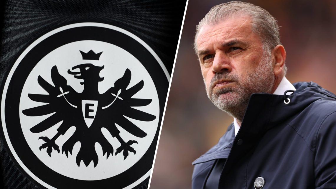 Split image of the Eintracht Frankfurt badge next to Tottenham manager Ange Postecoglou