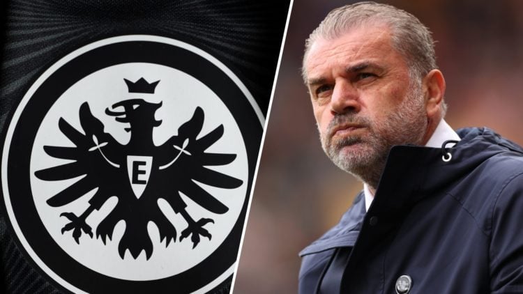 Split image of the Eintracht Frankfurt badge next to Tottenham manager Ange Postecoglou