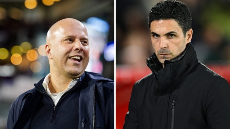 Split image of (L) Liverpool manager Arne Slot smiling and Arsenal manager Mikel Arteta looking serious