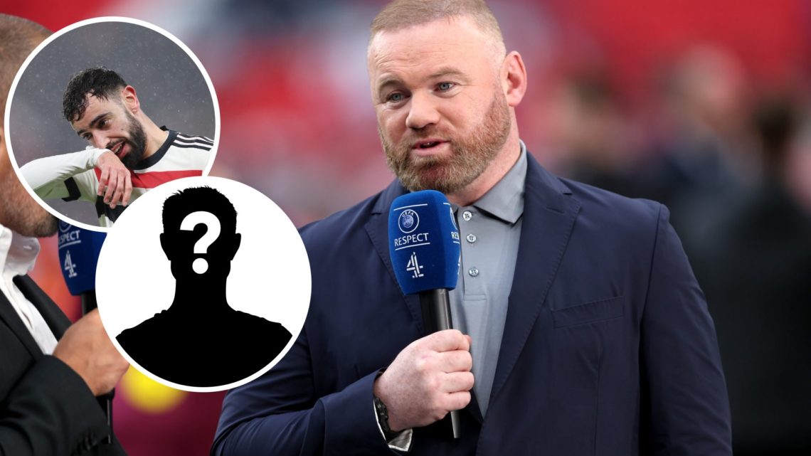 Image of Wayne Rooney speaking as a pundit with insets of Bruno Fernandes during a Manchester United game and a mystery player