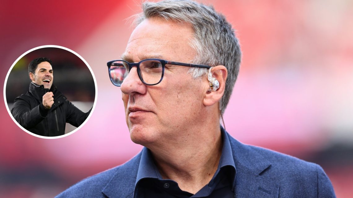 Image of Paul Merson looking to his right with an inset of Arsenal manager Mikel Arteta celebrating