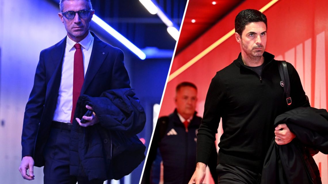 Andre Berta arriving at an Arsenal match split with Mikel Arteta.