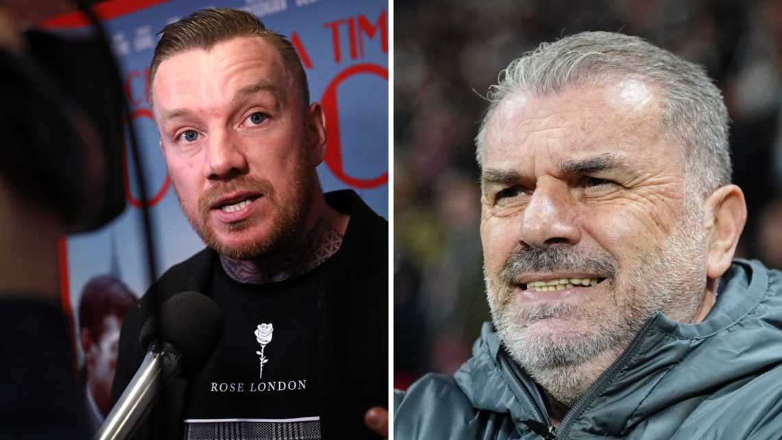 Split image of (L) Jamie O'Hara speaking and Tottenham manager Ange Postecoglou during a Spurs game